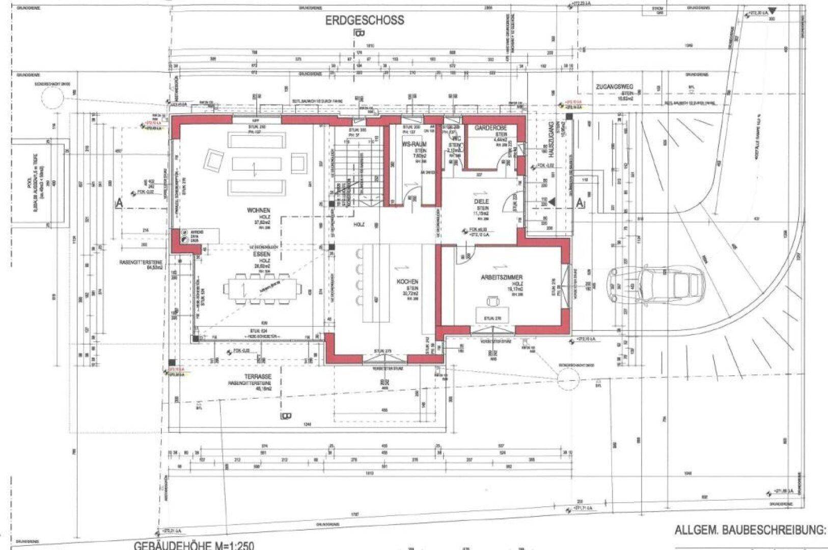 Grundriss des Erdgeschosses mit offenem Wohn- und Essbereich, Küche, Arbeitszimmer und Terrasse.