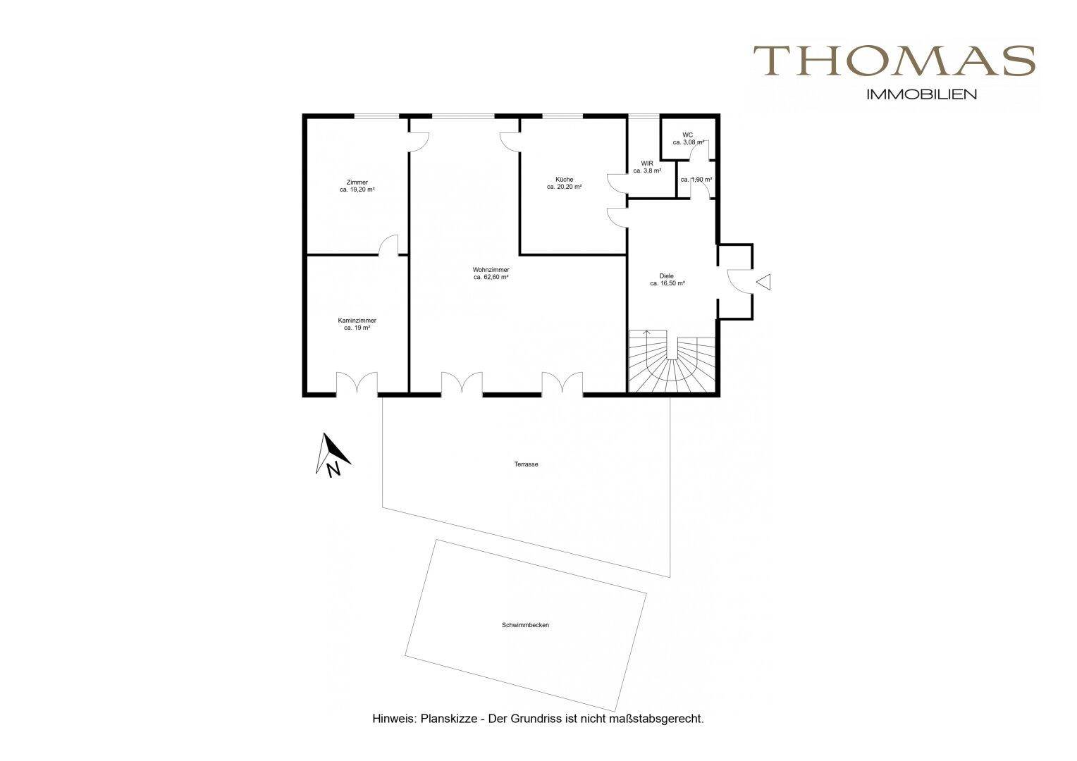 Grundriss des Erdgeschosses mit Wohnzimmer, Küche, Kaminzimmer und Terrasse.