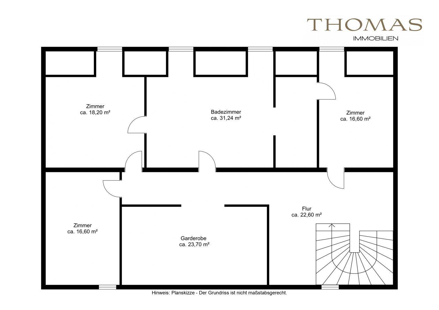 Grundriss des Obergeschosses mit Schlafzimmern, Badezimmer und Garderobe.