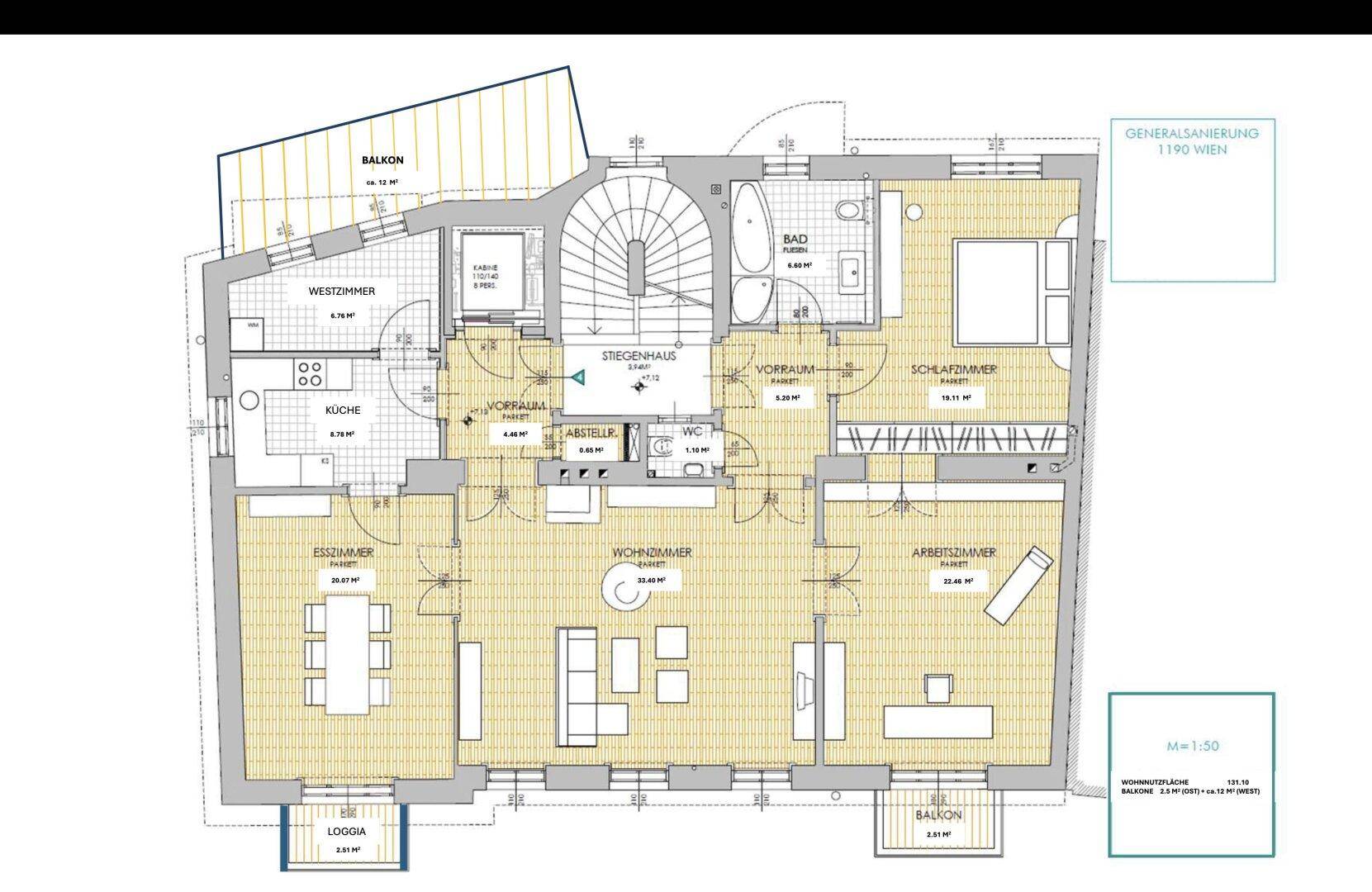 Grundriss einer Wohnung mit offenem Wohnbereich, mehreren Balkonen und Loggia.