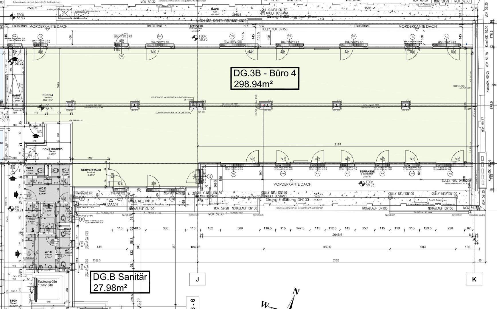 Grundrissplan für ein Büro im Dachgeschoss mit einer Fläche von 298,94 m² und separaten Sanitärbereichen.