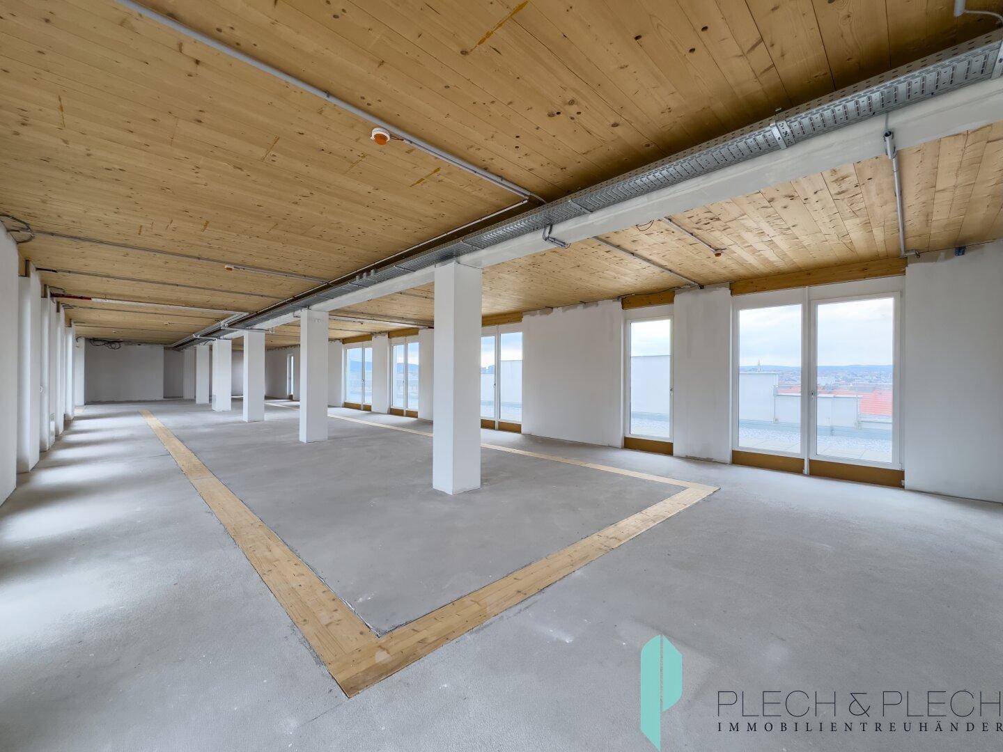 Heller und offener Gewerberaum mit Holzdecke und großen Fenstern, die einen weiten Blick über die Umgebung bieten.