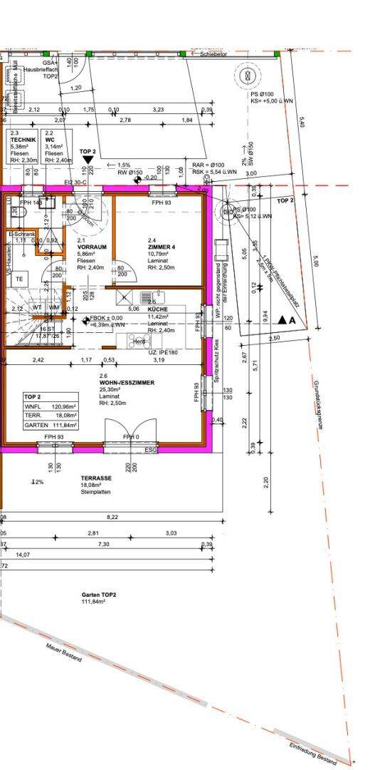 Grundriss des Erdgeschosses mit offenem Wohn-Essbereich, Küche, Terrasse und Garten.