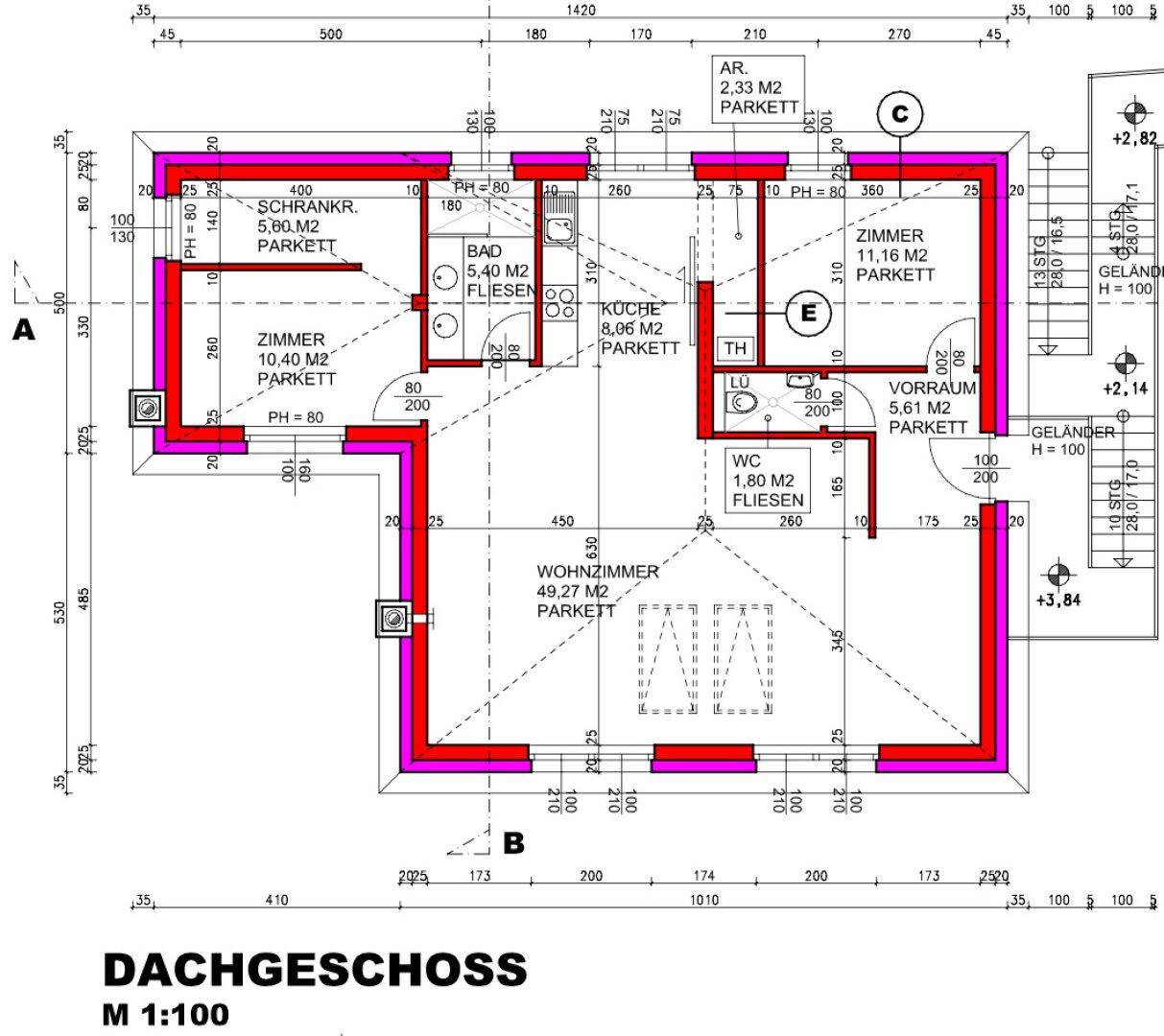 Grundriss des Dachgeschosses mit Wohnzimmer, Küche, Bad und Schlafzimmern.
