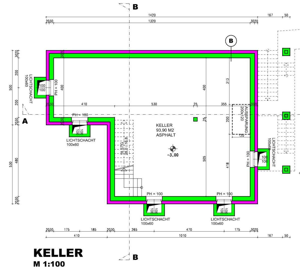 Grundriss des Kellers mit Lagerflächen und Lichtschächten.