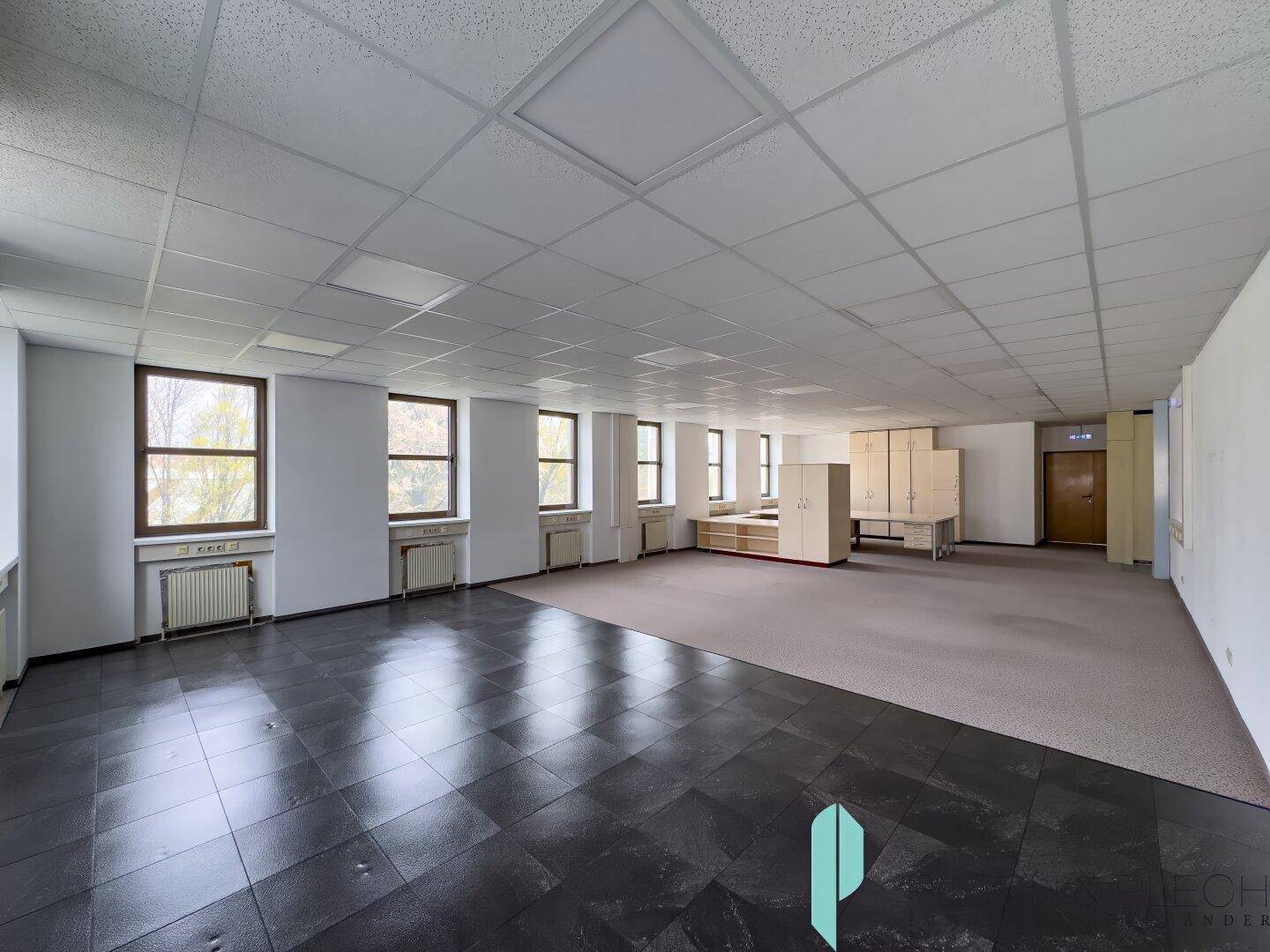 Geräumiger Bürobereich mit Teppich- und Fliesenboden, vielen Fenstern und abgehängter Decke.