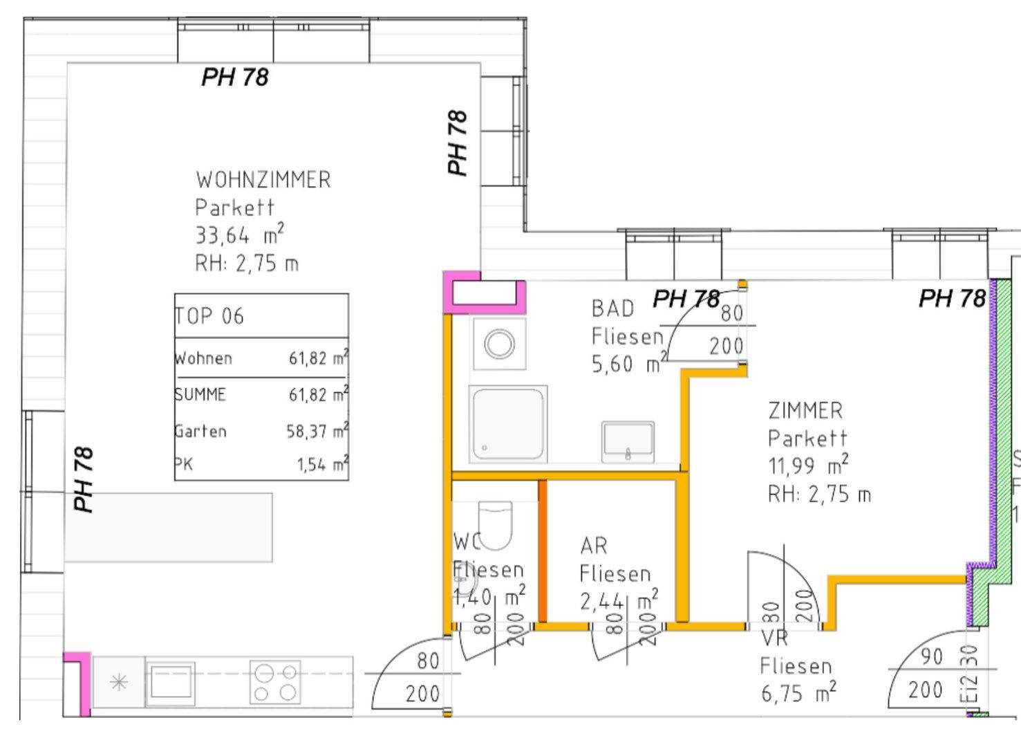 Detaillierter Grundriss mit Raummaßen und Bezeichnungen für Wohnzimmer, Schlafzimmer und Nasszellen.