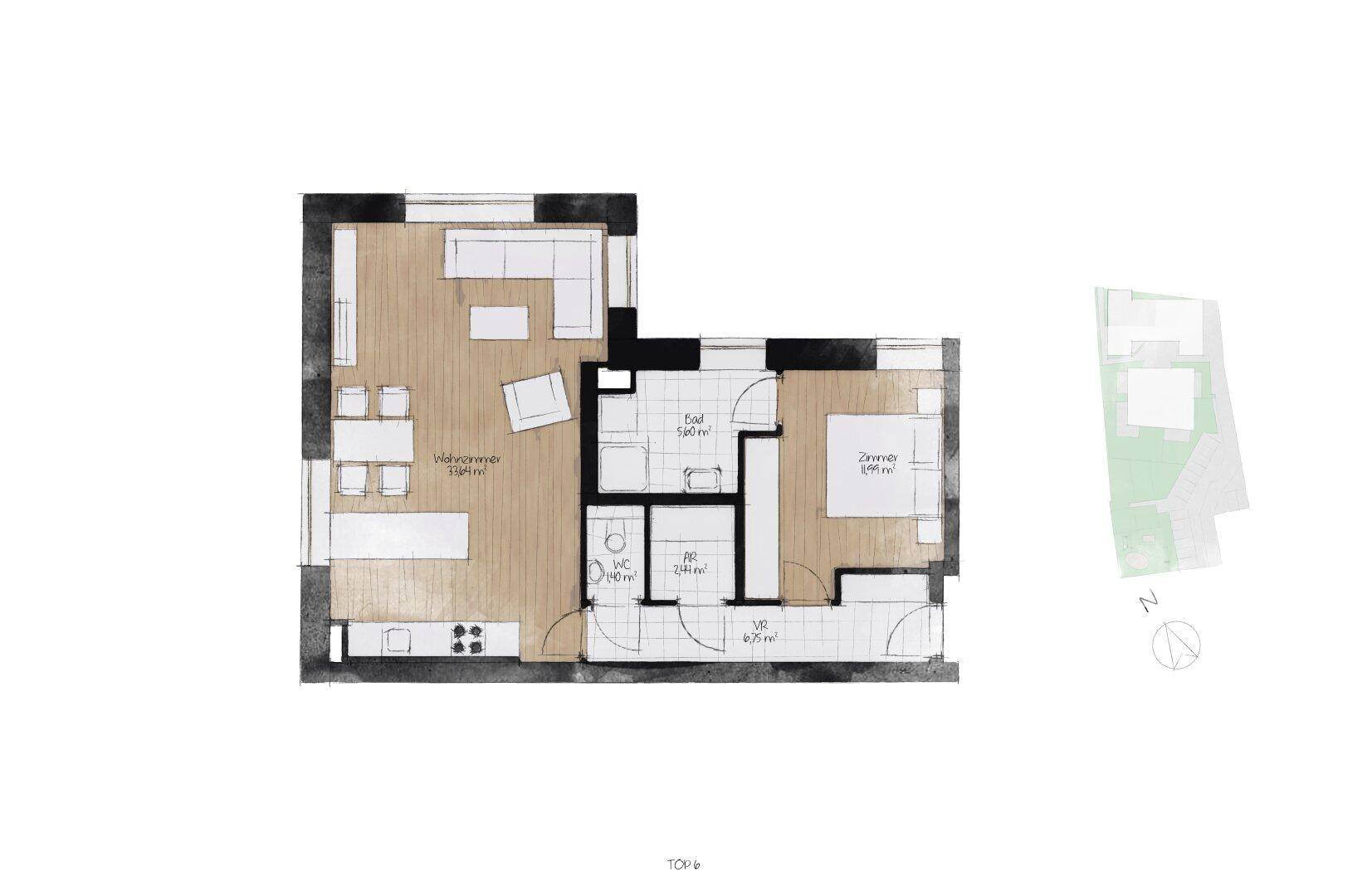 Grundriss mit Möblierungsvorschlag für Wohnzimmer, Schlafzimmer, Bad und Küche.