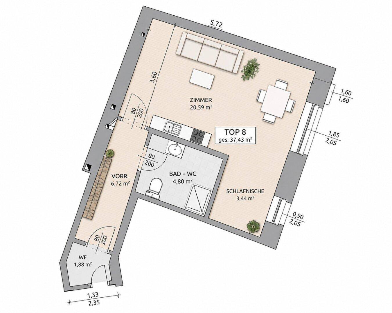 Grundriss der Wohnung Top 8 mit Wohnzimmer, Bad und Schlafbereich, insgesamt 37,43 m².