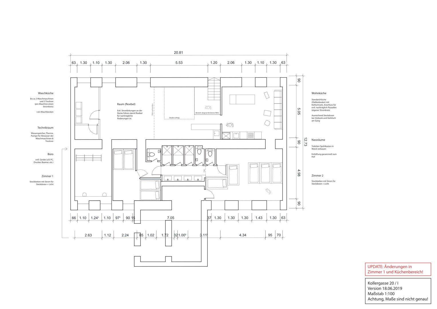 Detaillierter Grundriss mit Raumaufteilung, Küche, Bädern und Zimmern.