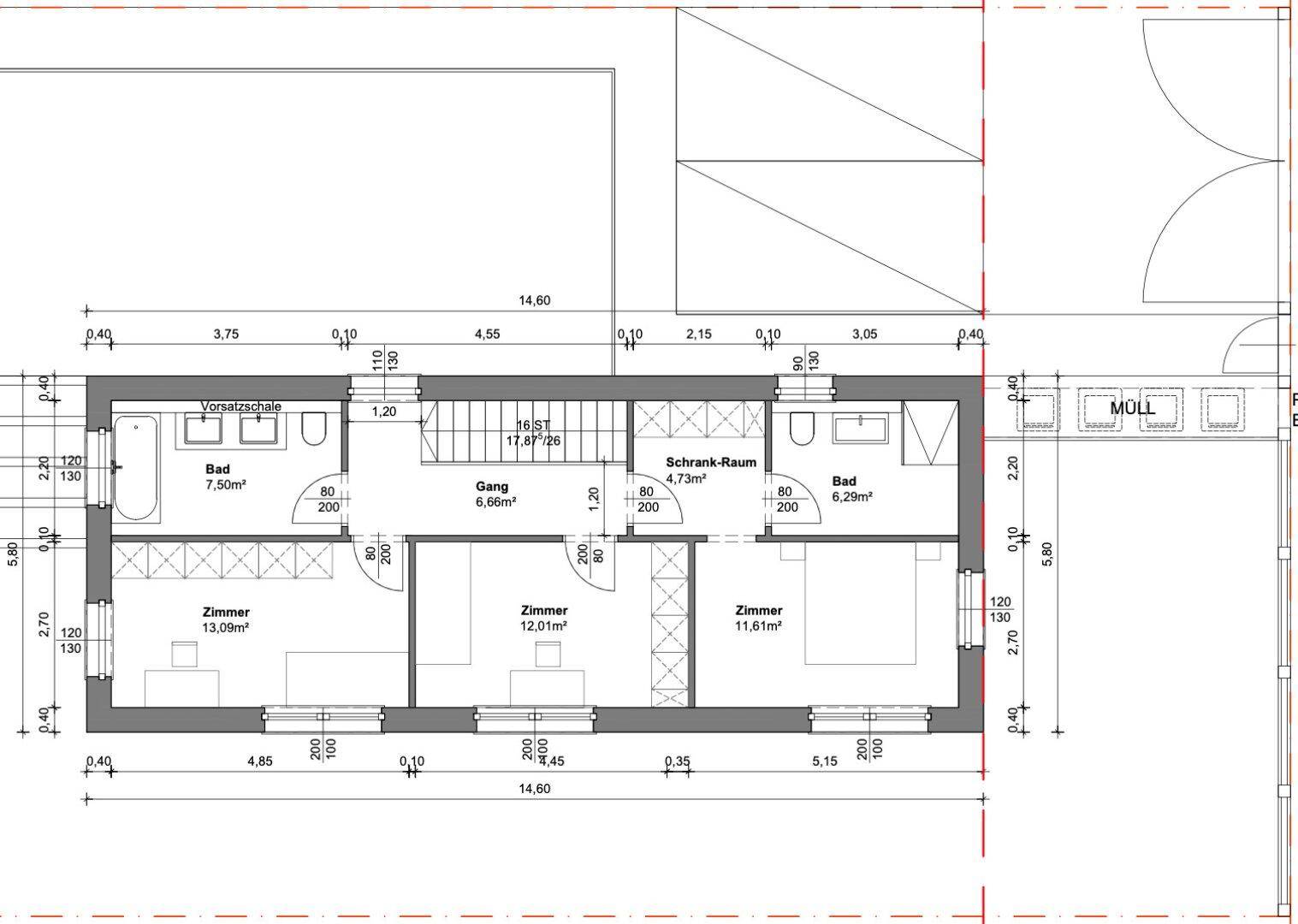 Grundriss des Obergeschosses mit drei Schlafzimmern, zwei Bädern und Ankleidezimmer.