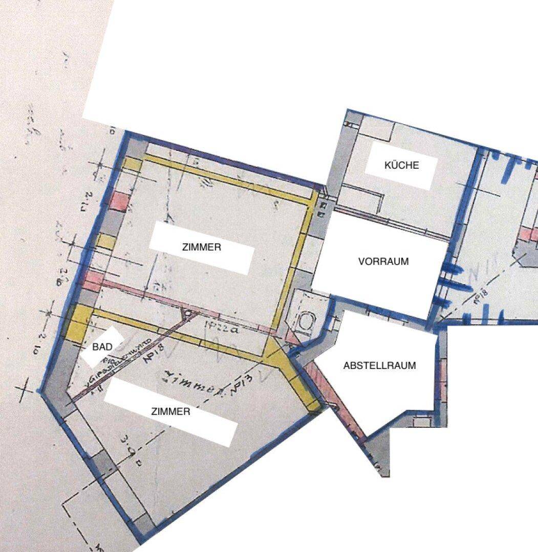 Grundriss der Wohnung mit Zimmern, Bad, Küche, Vorraum und Abstellraum.