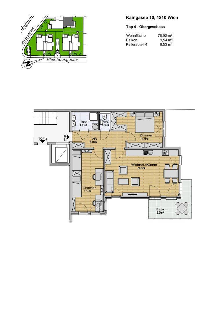 Grundriss der Wohnung Top 4 im Obergeschoss mit Wohnfläche und Balkon.