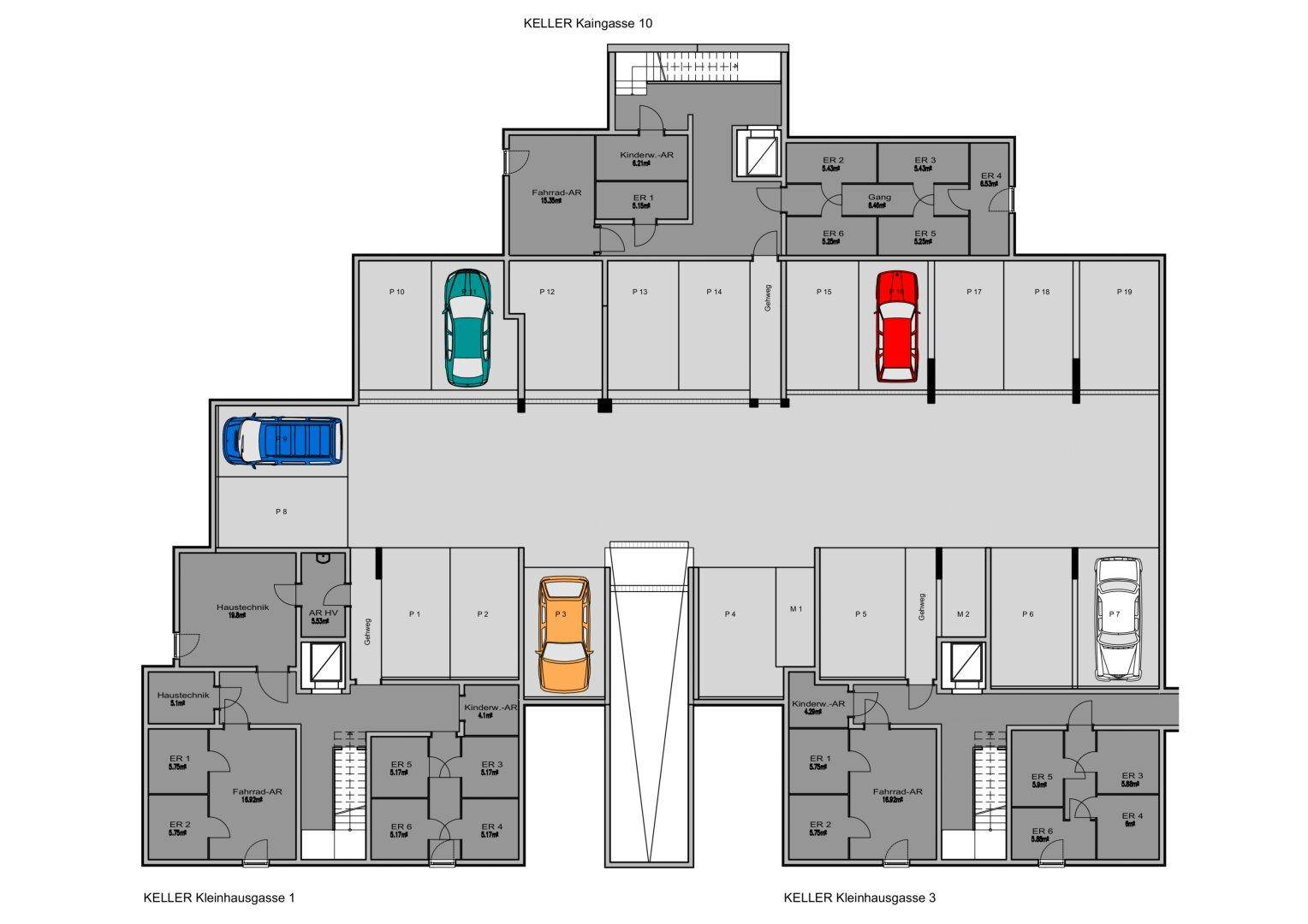 Grundriss des Kellergeschosses mit Tiefgaragenstellplätzen und Abstellräumen.