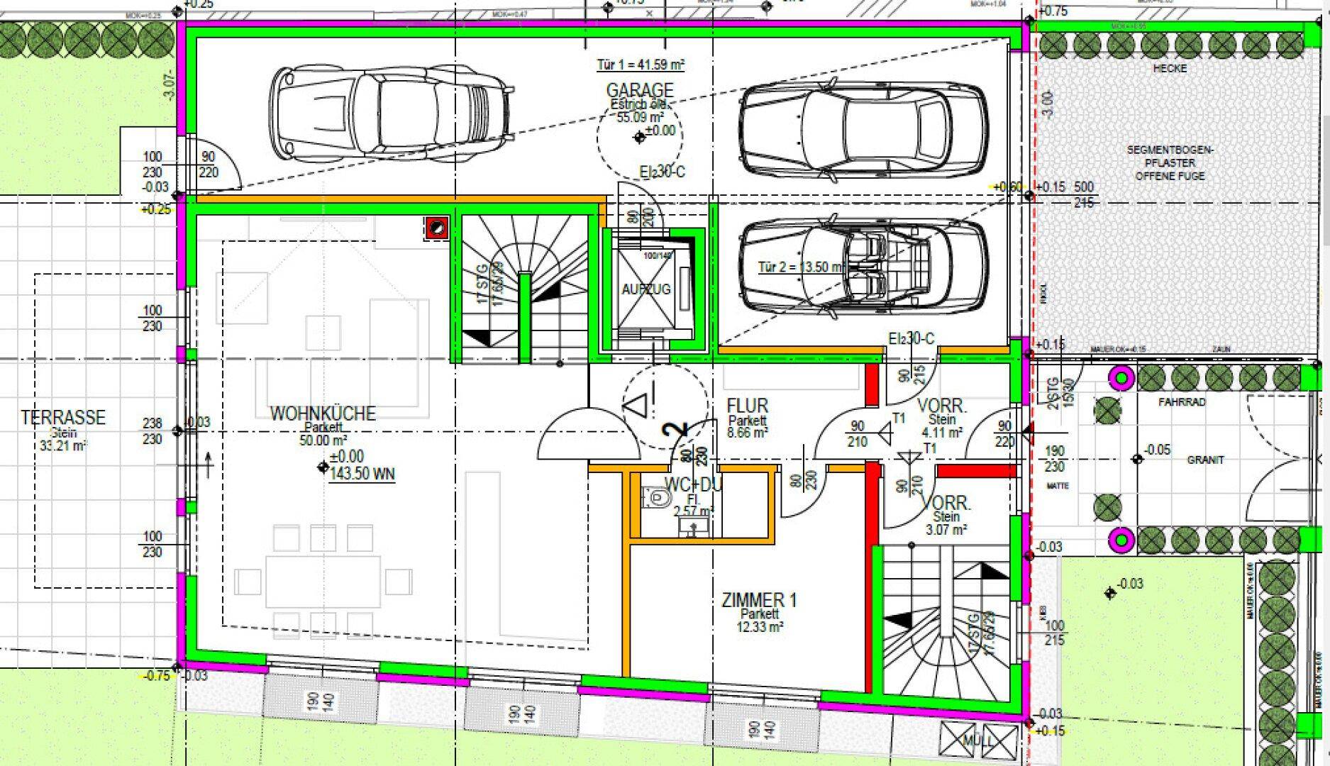 Grundriss des Erdgeschosses mit Wohnküche, Zimmer, Terrasse und integrierter Garage.