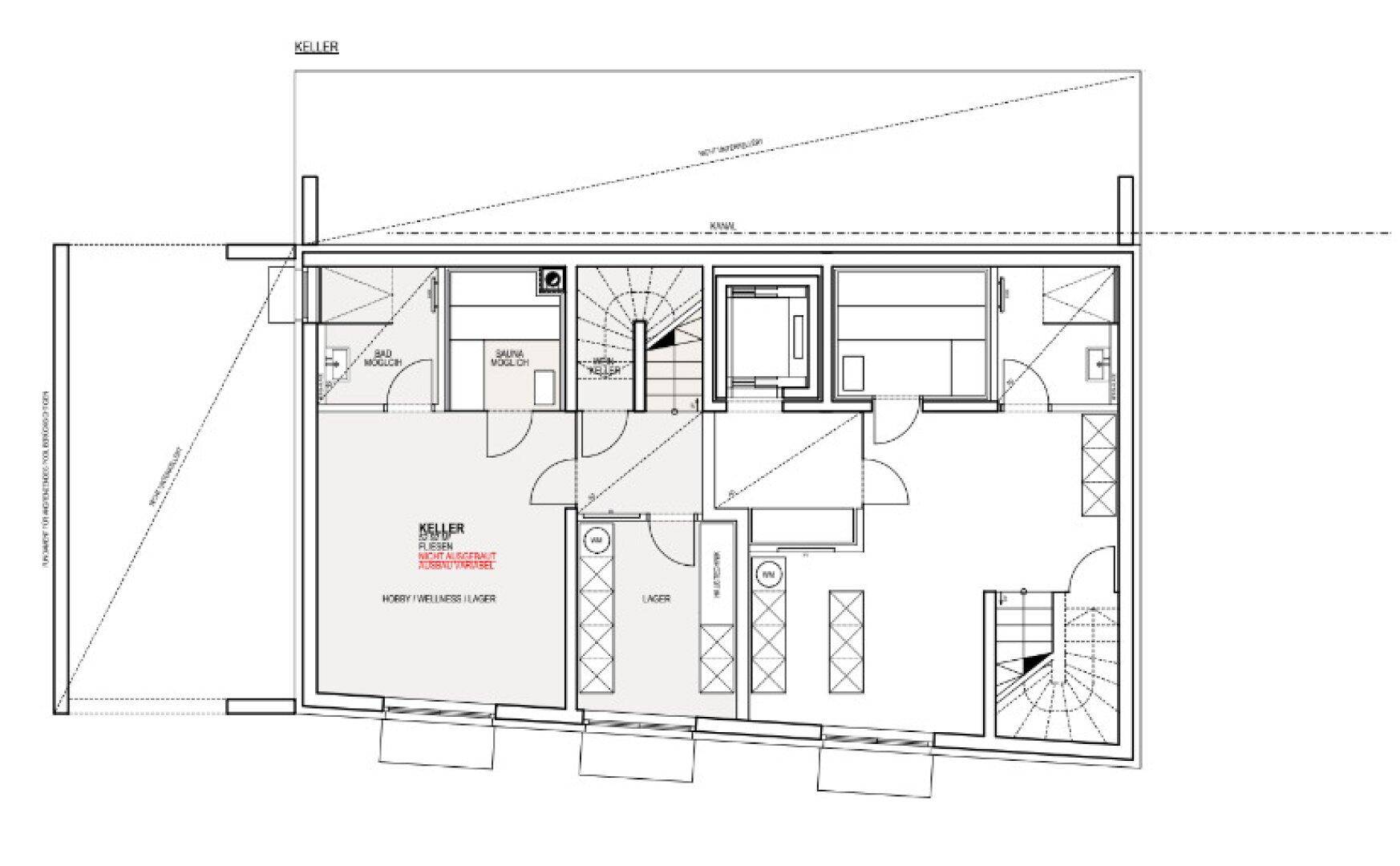 Grundriss des Untergeschosses mit Kellerräumen, Sauna und Hobbybereich.