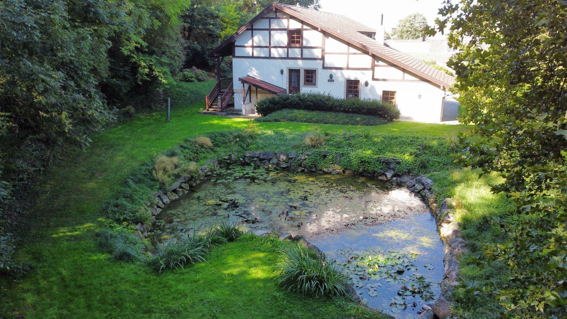 Rückseite des Hauses mit einem natürlichen Teich und gepflegter Rasenfläche.