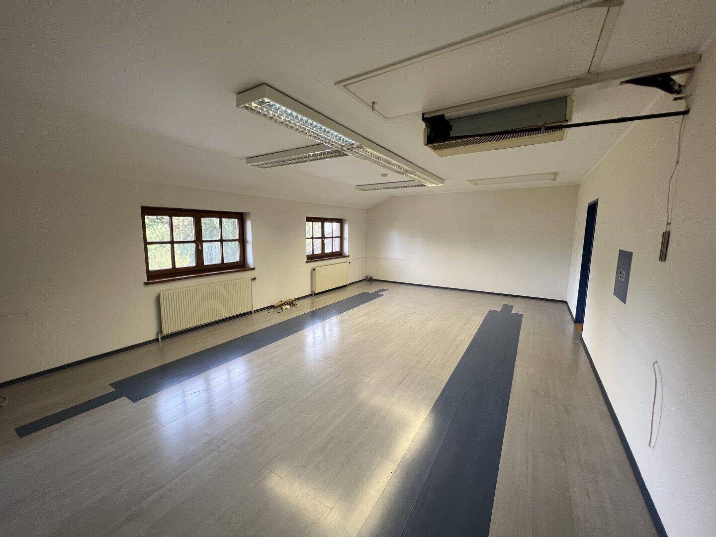 Großer, heller Raum mit Laminatboden und mehreren Fenstern, vielseitig nutzbar.