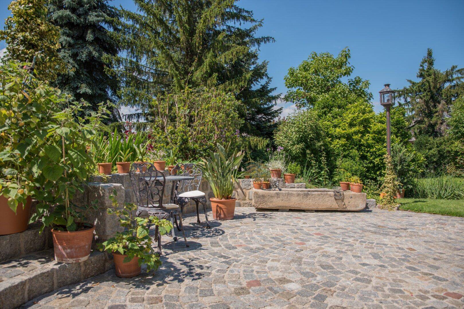 Sonniger Außenbereich mit gepflasterter Terrasse, Sitzgelegenheiten und Topfpflanzen.