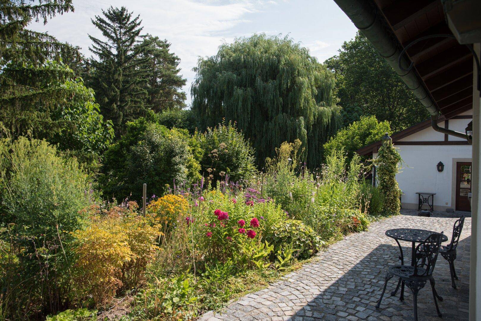 Malerischer Gartenbereich mit blühenden Pflanzen, gepflastertem Weg und Sitzgelegenheit im Freien.