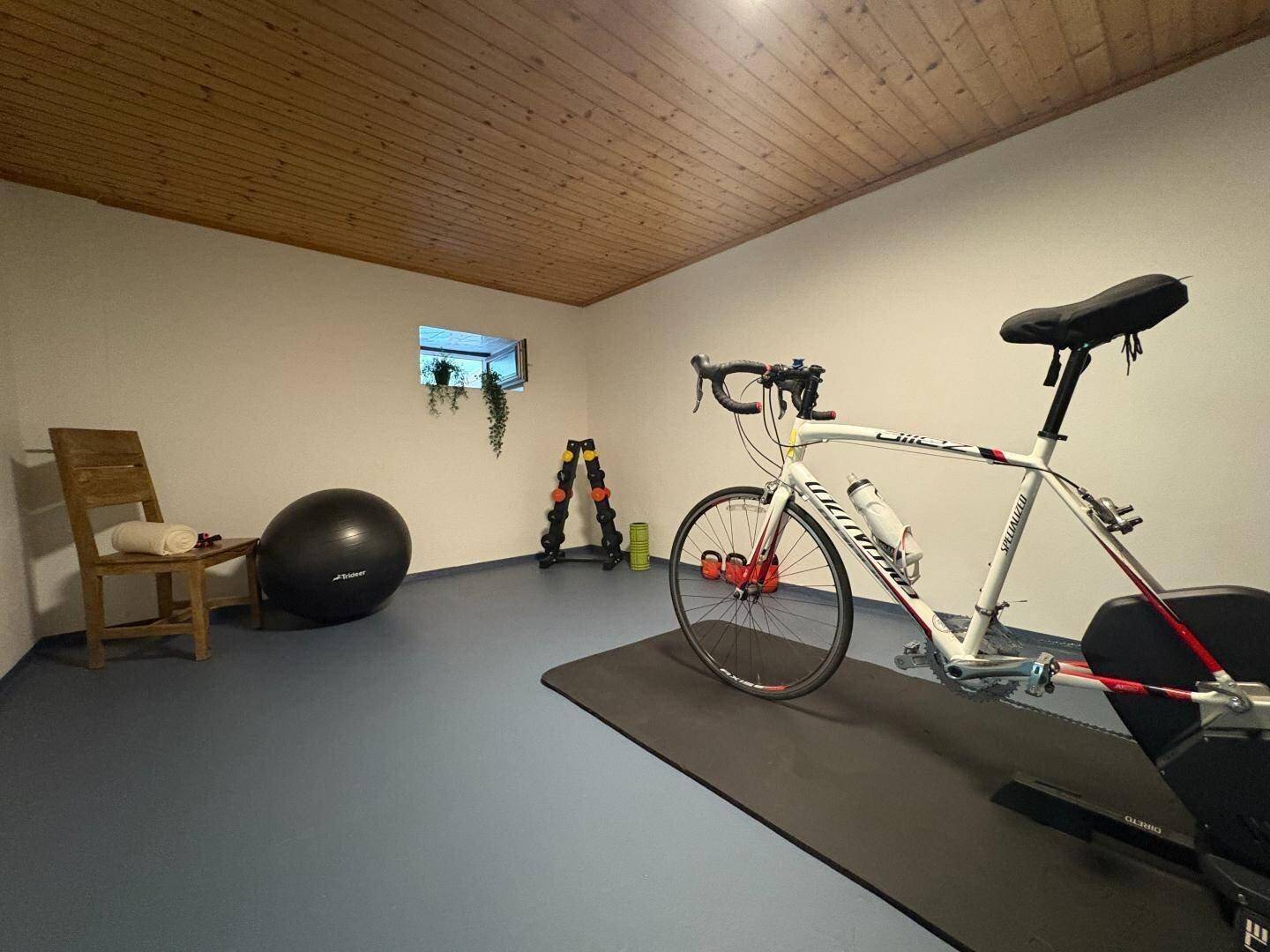 Trainingsraum im Untergeschoss mit Holzdach, Fahrradtrainer und Sportgeräten.