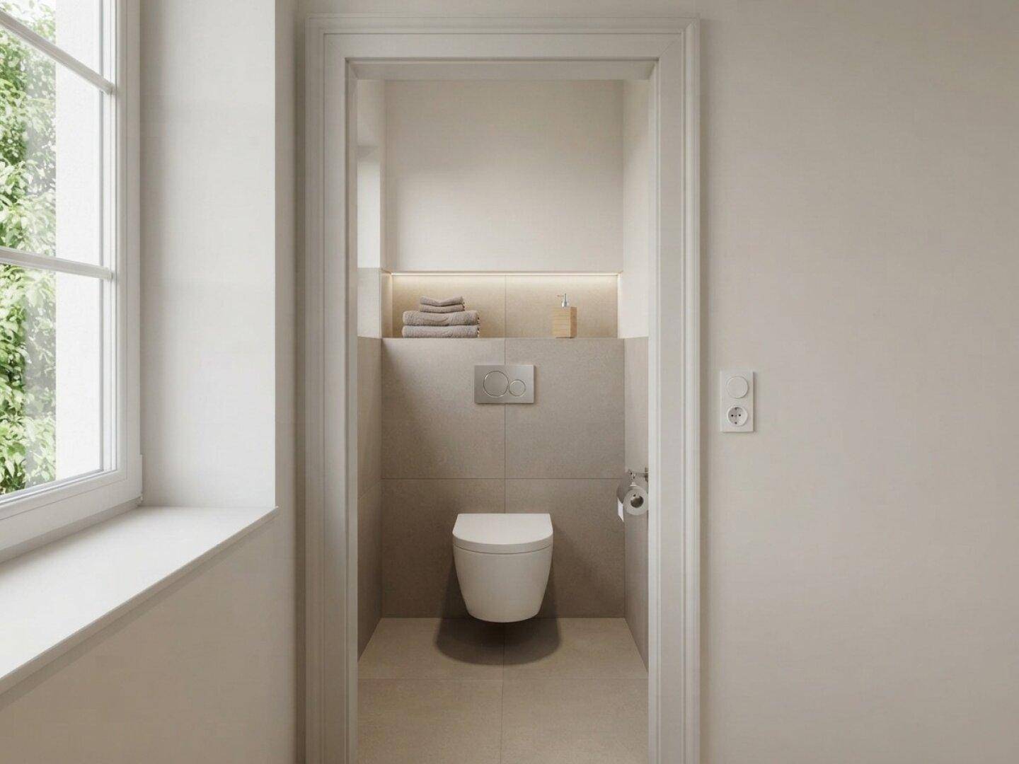 Modernes Gäste-WC mit wandhängender Toilette, hellen Fliesen und integrierter Ablage.