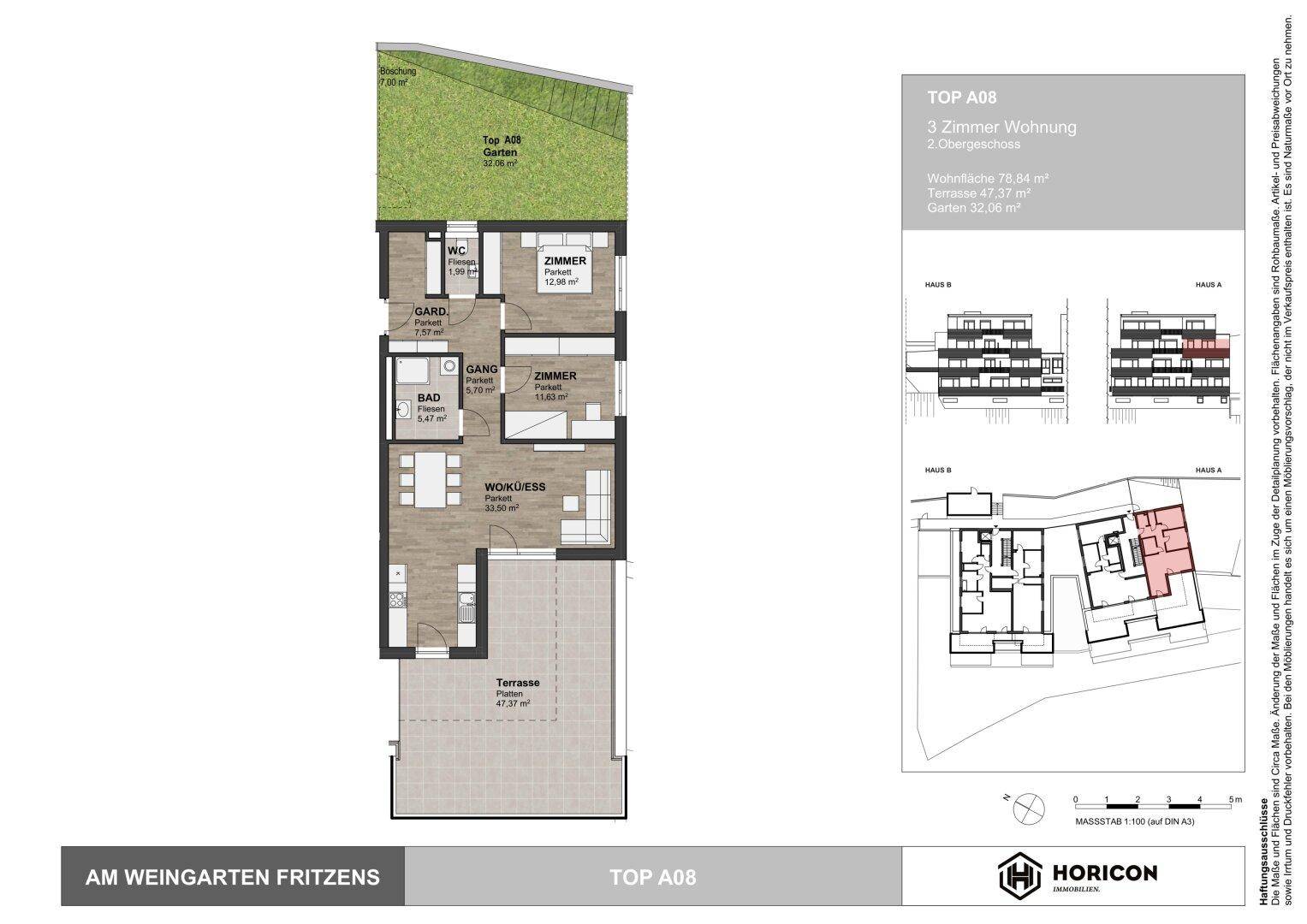 Grundriss der 3-Zimmer-Wohnung TOP A08 mit Terrasse, Gartenanteil und separatem WC.