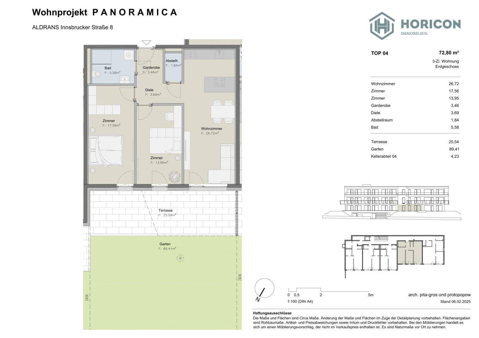 Detaillierter Grundriss der Wohnung TOP 04 mit Terrasse, Garten und Kellerabteil.