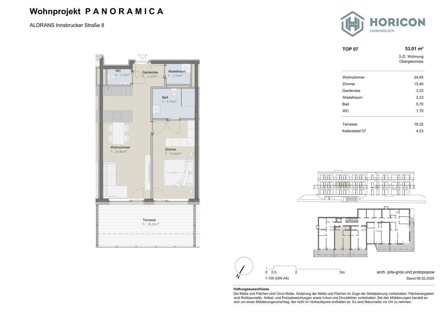 Grundriss der Wohnung TOP 07 mit Wohnzimmer, Schlafzimmer, Bad, WC und großer Terrasse.