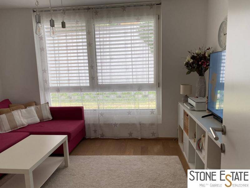 Helles Wohnzimmer mit rotem Sofa, Teppich und großem Fenster.