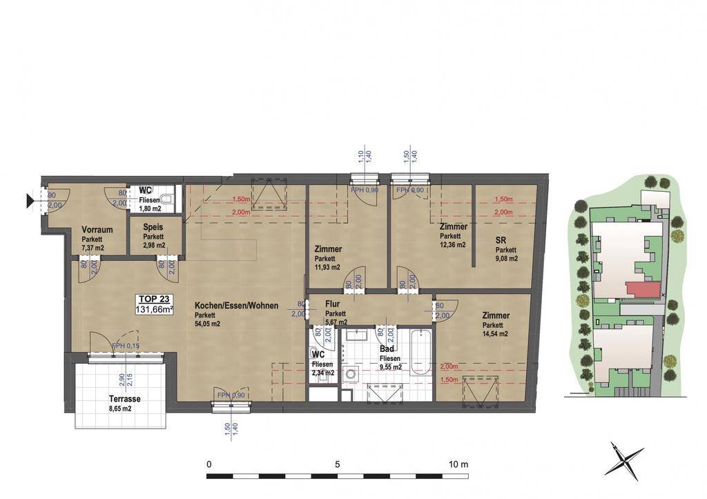 Detaillierter Grundriss einer Wohnung mit Terrasse und mehreren Zimmern.