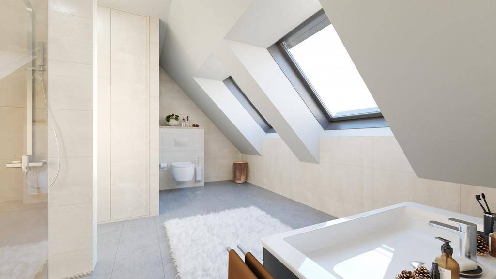 Modernes Badezimmer im Dachgeschoss mit Schrägdach, Dachfenstern und begehbarer Dusche.