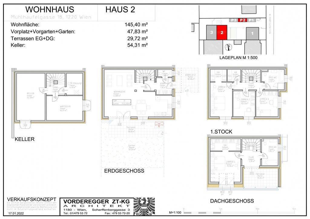 Detaillierter Grundriss des Wohnhauses mit Keller, Erdgeschoss, 1. Stock und Dachgeschoss.