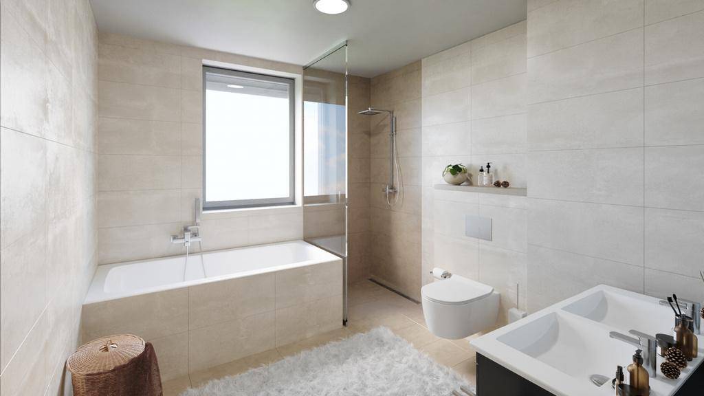 Modernes Badezimmer mit Badewanne, separater Dusche, Doppelwaschbecken und Fenster.