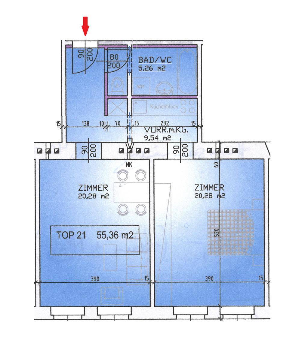 Grundriss von TOP 21 mit zwei Zimmern, Bad/WC und Vorraum mit Küchenblock.