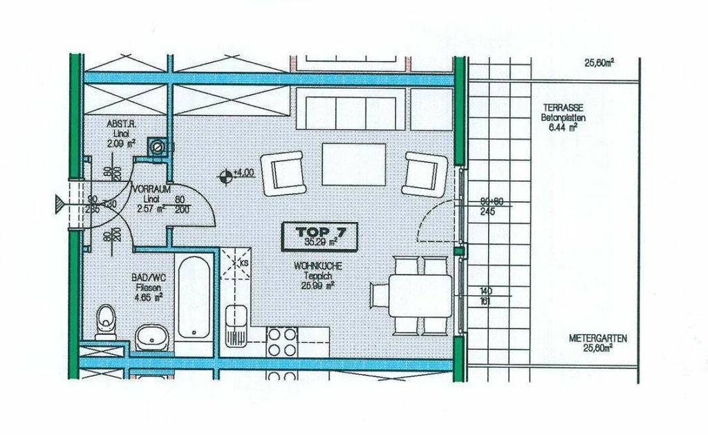 Grundriss der Wohnung Top 7 mit Wohnküche, Bad/WC, Vorraum, Terrasse und Mietergarten.