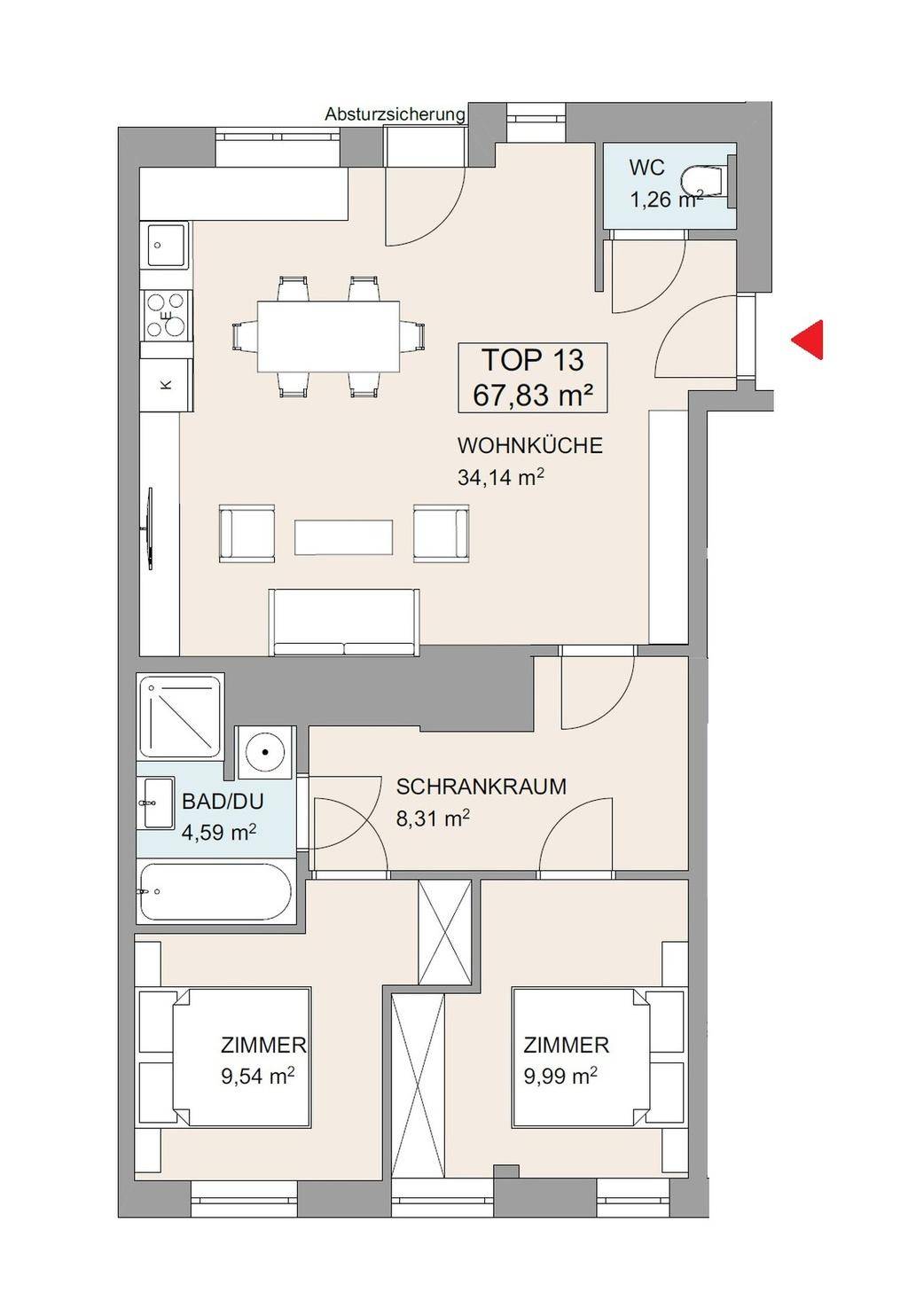Grundriss der Wohnung TOP 13 mit Wohnküche, zwei Zimmern und Bad/WC.