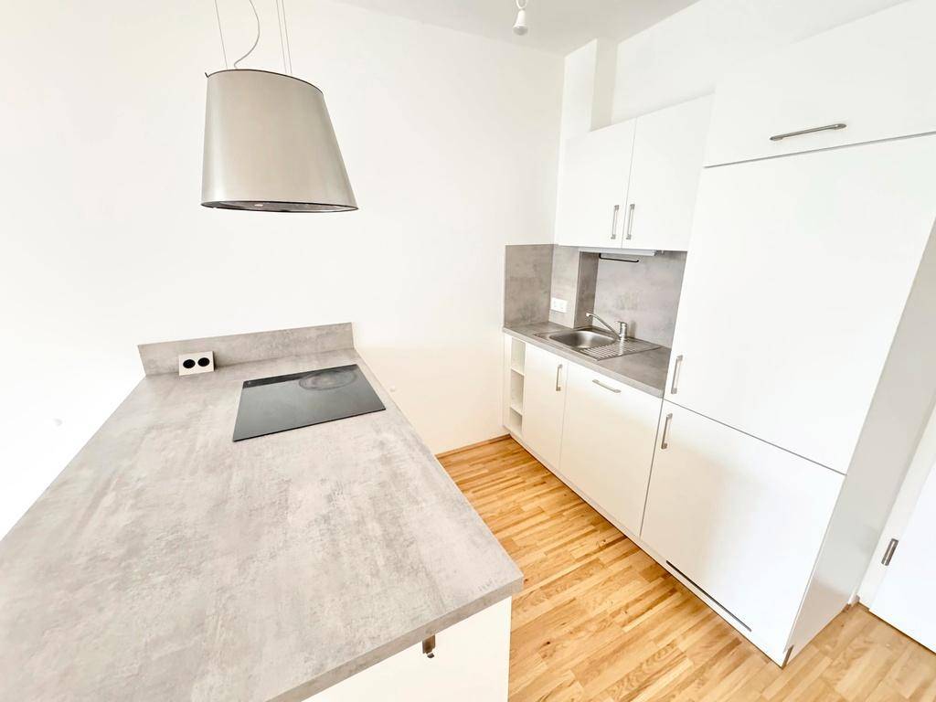 Moderne Einbauküche mit weißen Schränken, Induktionskochfeld und Arbeitsplatte in Betonoptik.