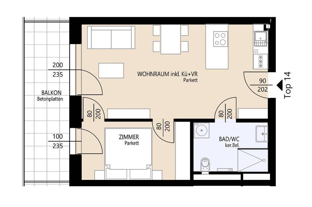 Grundriss der Wohnung mit offenem Wohnraum, Küche, Schlafzimmer, Bad/WC und Balkon.