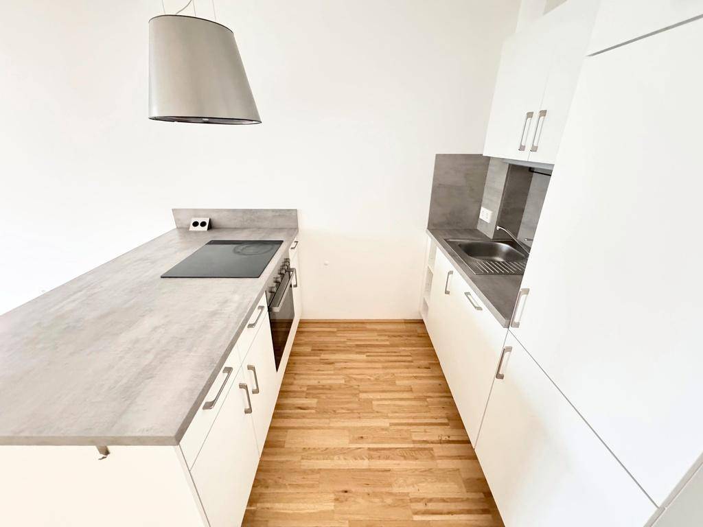 Funktionale Küche mit weißen Schränken, Induktionskochfeld und integrierten Geräten in neuwertigem Zustand.