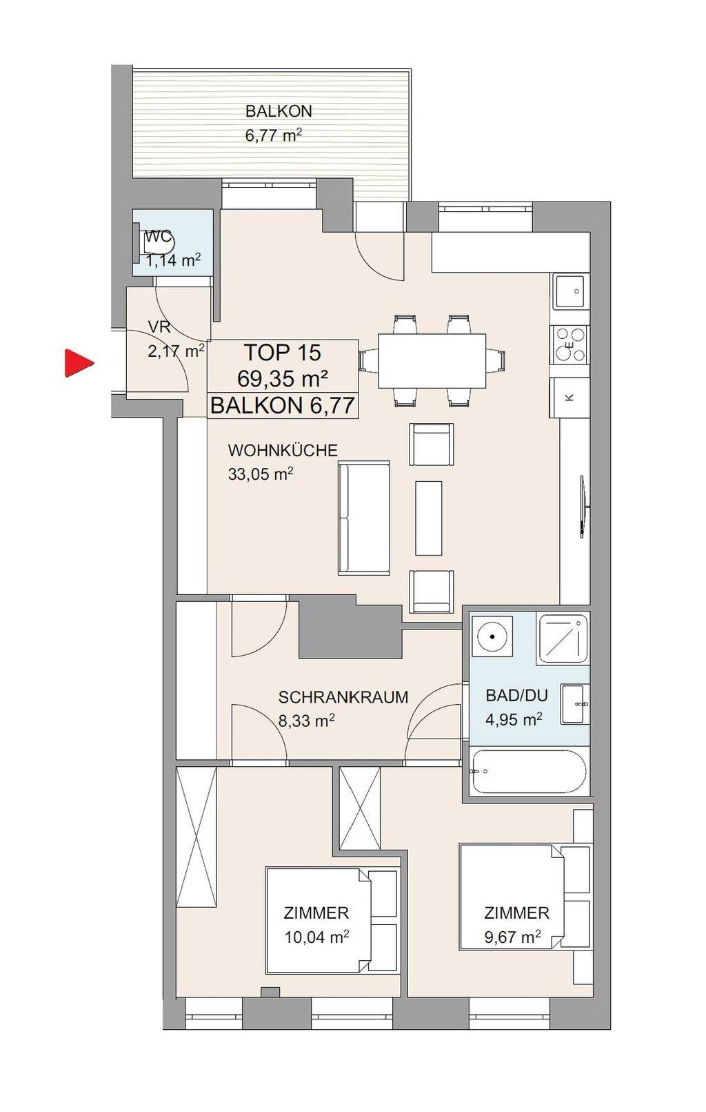Grundriss der Wohnung TOP 15 mit 69,35 m² Wohnfläche, Balkon und offenem Wohnküchenbereich.