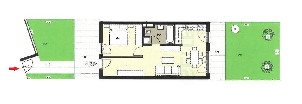 Grundriss der Wohnung mit einem Schlafzimmer, offenem Wohnbereich und Garten.