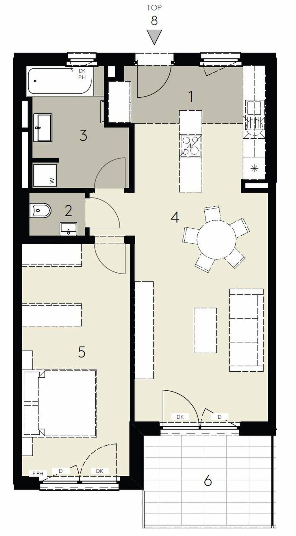 Detaillierter Grundriss einer Wohnung mit offenem Wohnbereich, Schlafzimmer und Balkon.