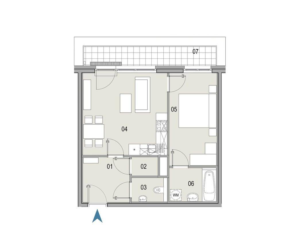 Grundriss der Wohnung mit einem Schlafzimmer, Bad und offenem Wohnbereich.