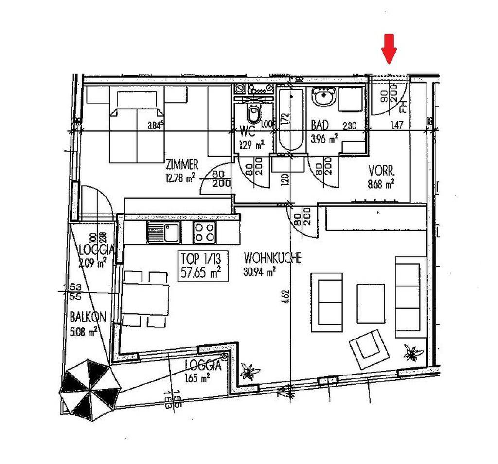 Grundriss der Wohnung mit Wohnküche, Schlafzimmer, Bad, WC, Loggia und Balkon.