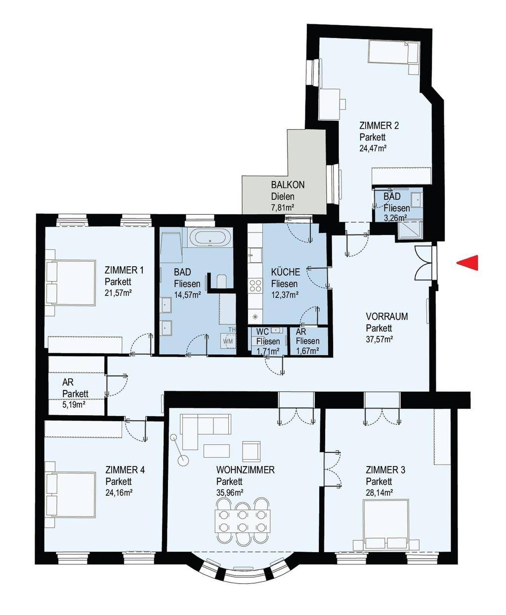Grundriss einer Wohnung mit mehreren Zimmern, Balkon und getrennten Bädern und WC.