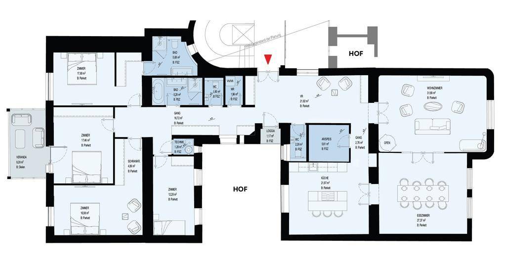 Detaillierter Grundriss einer Wohnung mit mehreren Schlafzimmern, offener Küche, Wohn- und Essbereich sowie Veranda und Loggia.