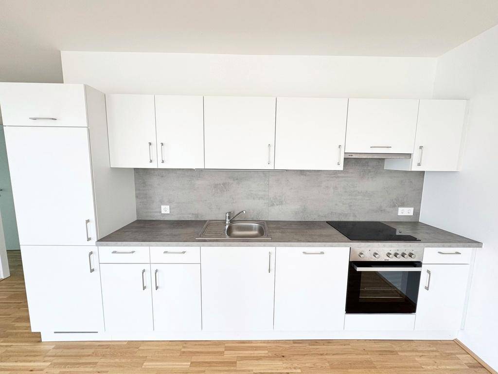 Moderne Einbauküche in Weiß mit integrierten Geräten und viel Stauraum.