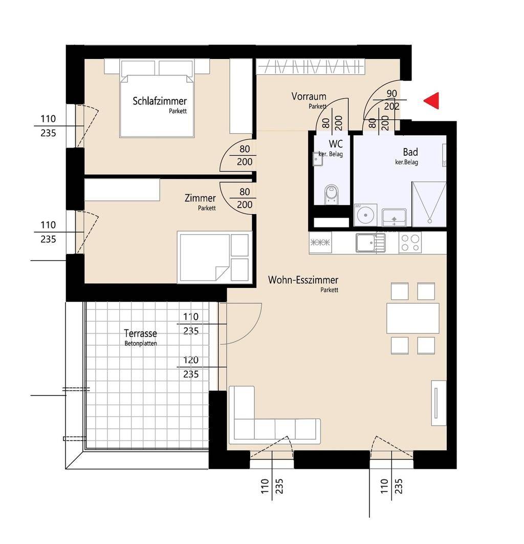 Übersichtlicher Grundriss der Wohnung mit Terrasse, Schlafzimmer und offenem Wohn-Essbereich.