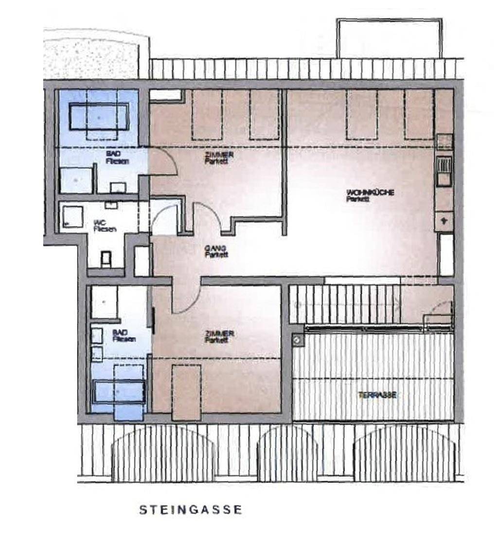 Detaillierter Grundriss mit Wohnküche, mehreren Zimmern, Bädern und einer großzügigen Terrasse.